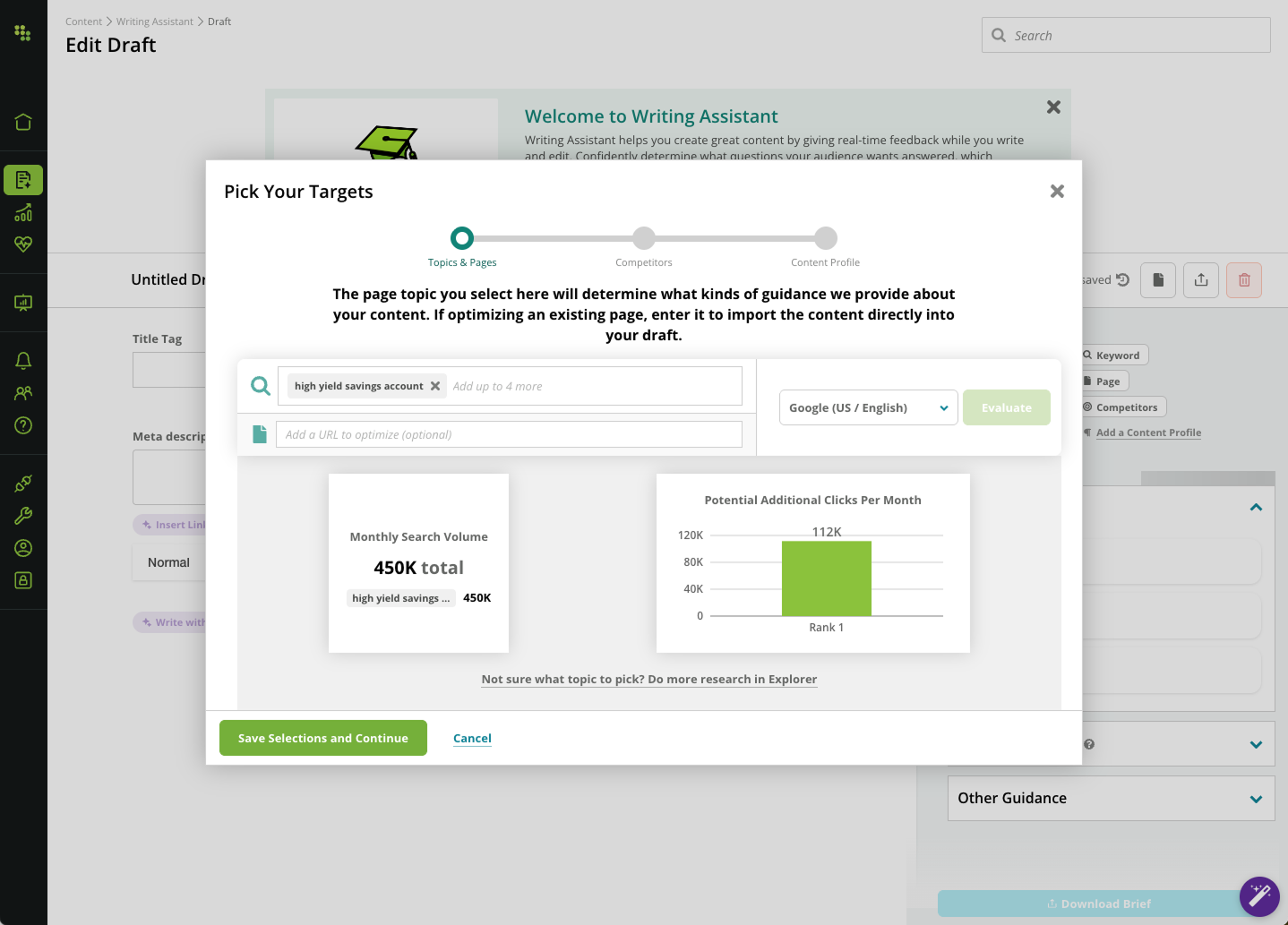 Screenshot of keyword research performned in Conductor's Writing Assistant