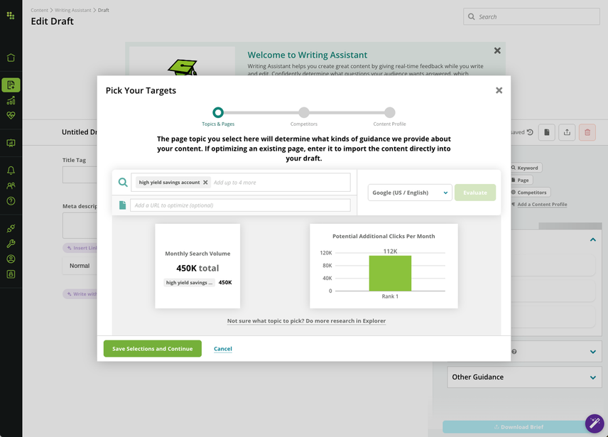 Screenshot of keyword research performned in Conductor's Writing Assistant