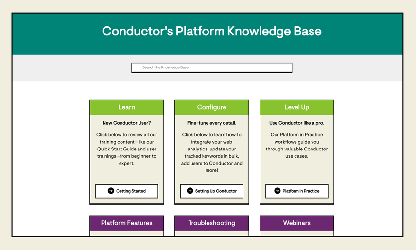 The home screen of the Conductor Knowledge Base offers users the ability to choose the learning path that suits their goals. Six boxes are available to choose from on the page, including paths titled “Learn”, “Configure”, and “Level Up”.