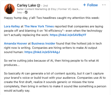 Carley Lake's LinkedIn post screenshot