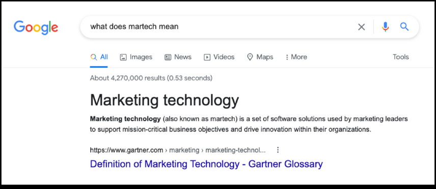Featured snippet showing a screenshot of a Google search asking "what does martech mean" and showing that it means "marketing technology."