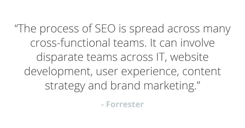 Forrester Quote saying the process of SEO is spread across many cross-functional teams such as IT, Dev, UX, Strategy, and Brand