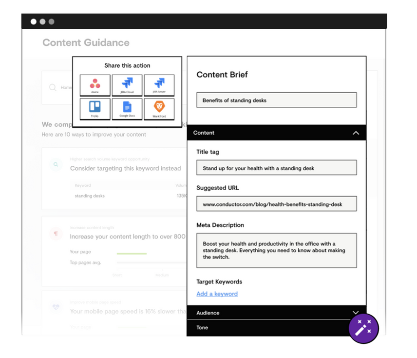 Conductor's Content Guidance feature showing how Actions feature works