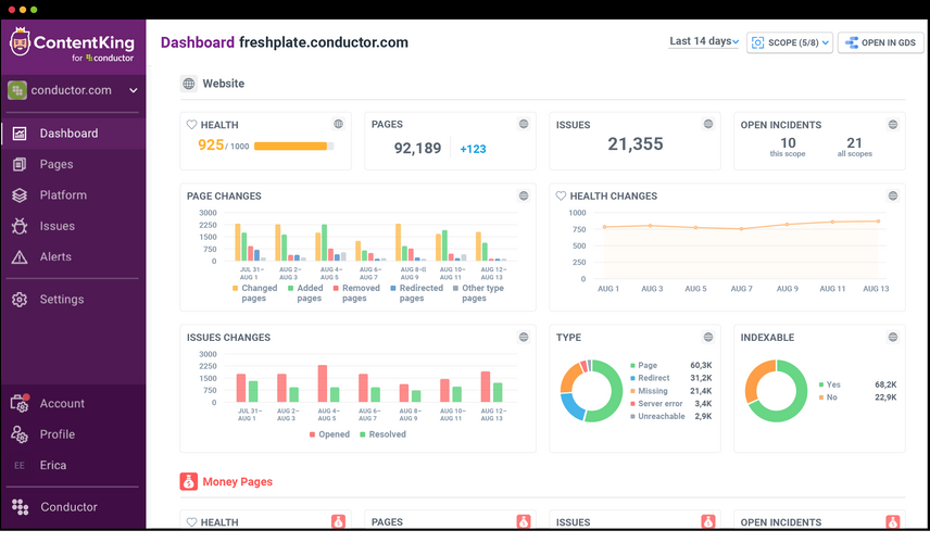ContentKing, acquired by Conductor in 2022, is the market’s only real-time technical SEO auditing and monitoring solution. Shown: ContentKing’s main dashboard view.