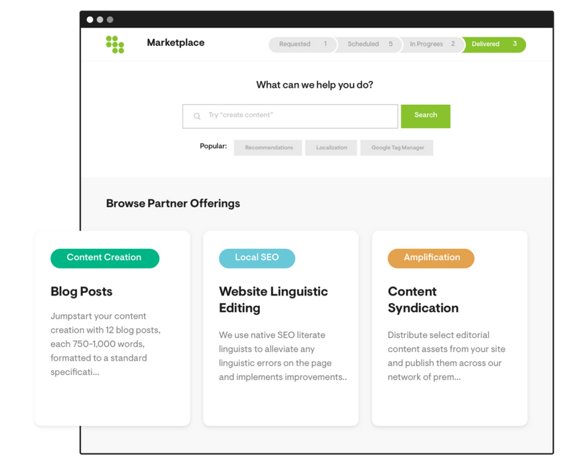 The Marketplace feature in the Conductor SEO Platform which provides solution for your various organic marketing needs