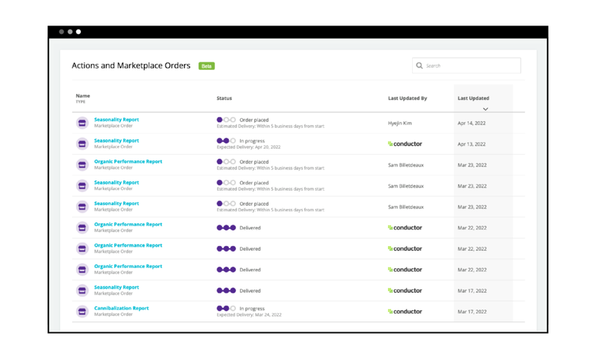 Conductor SEO platform view of progress status and order history for all on-demand SEO services
