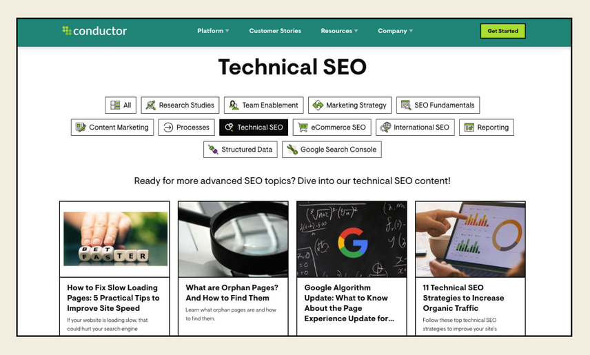 Conductor’s Academy content showing the Technical SEO section. Buttons at the top indicate other sections available including Marketing Strategy and Team Enablement. Several content articles appear as panels toward the bottom of the page.