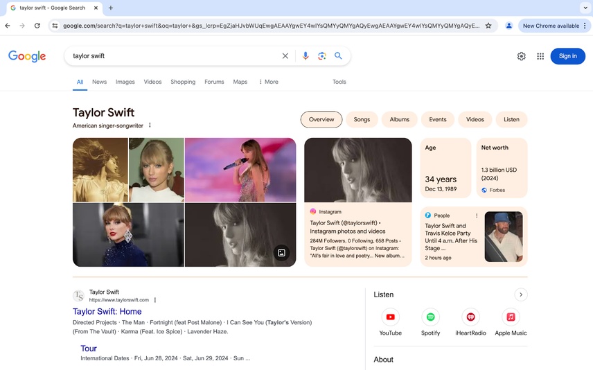 Taylor Swift Google SERP