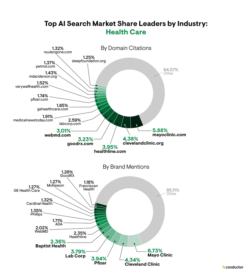 Pie chart depicting the market share leaders based on total number of AI citations and brand mentions in the Health Care industry.