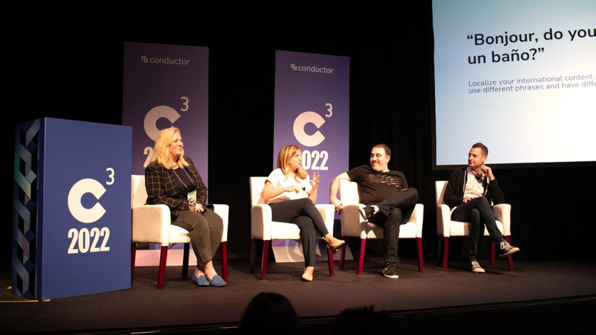 Pat Reinhart, Stephan Bajaio, Katie Greenwood, and McGovern leading the SEO Tips & Tricks session at C3 2022