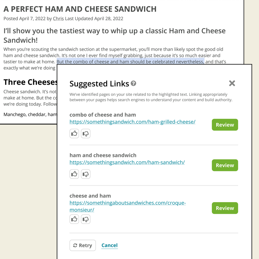Conductor's Writing Assistant displaying suggested internal links for a 'ham and cheese sandwich' article, with options to review.