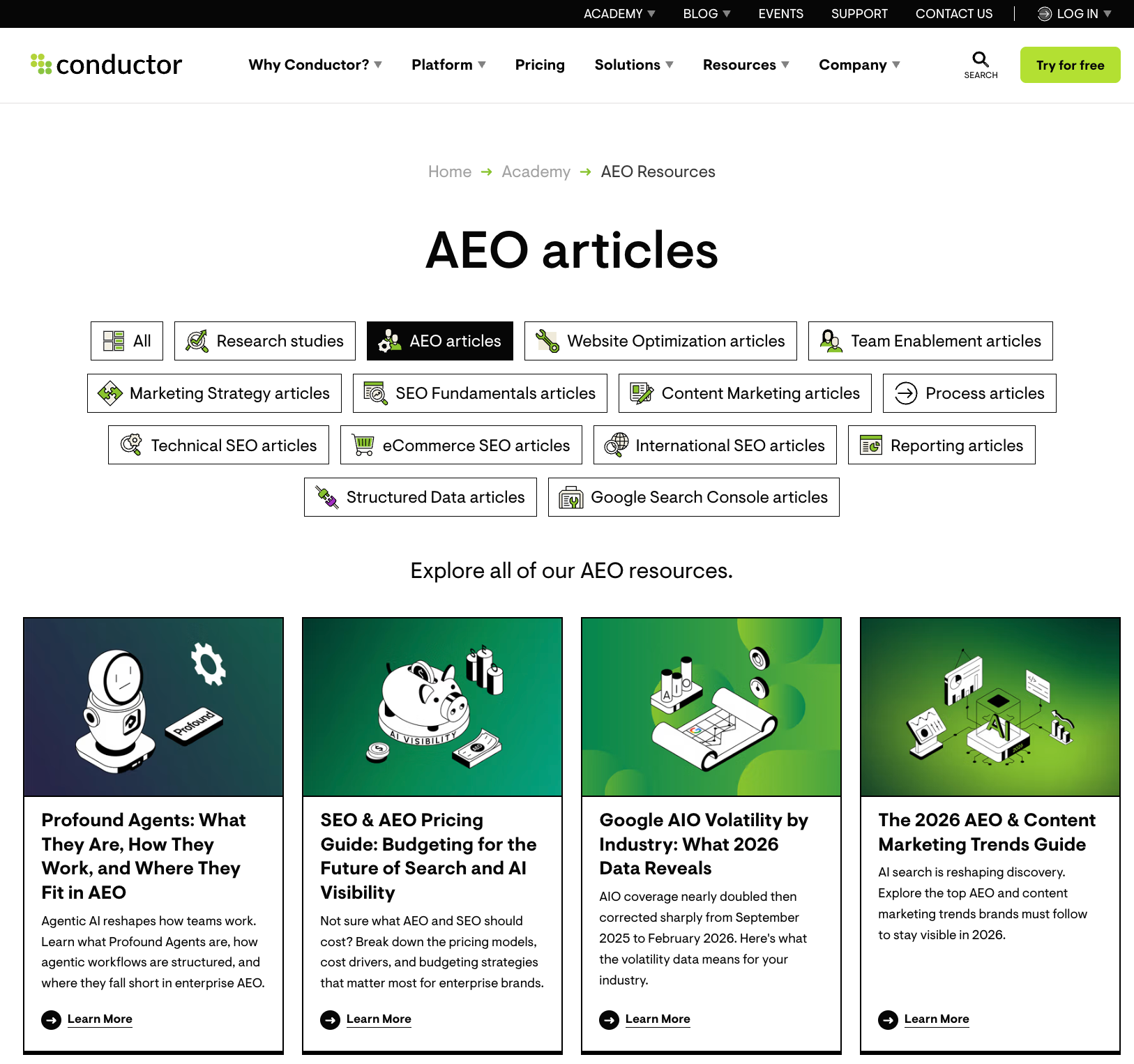 A screenshot of a hub page example featuring Conductor Academy's AEO Hub Page
