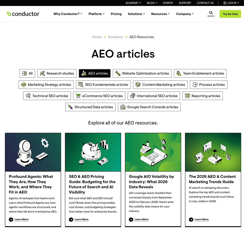 A screenshot of a hub page example featuring Conductor Academy's AEO Hub Page