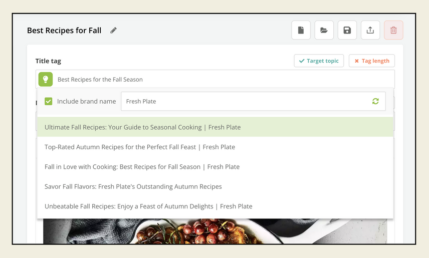 Conductor’s metadata panel within Writing Assistant, allowing users to enter title tags and meta descriptions. A green and white lightbulb icon appears on the left of the title tag area, with a pop-up window below listing out AI-generated title tag suggestions. A checkbox option allows users to automatically append a brand name to each suggestion, with a space to provide the name.