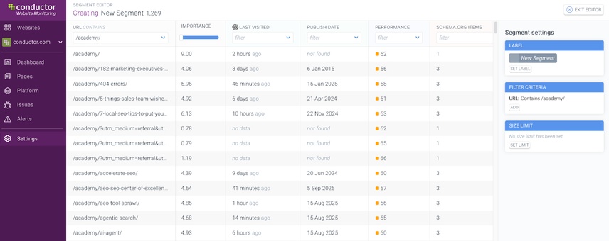 A Conductor Monitoring dashboard that tracks all of the metrics we've discussed so far, Performance score, publish date, schema, authorship, and crawler activity.