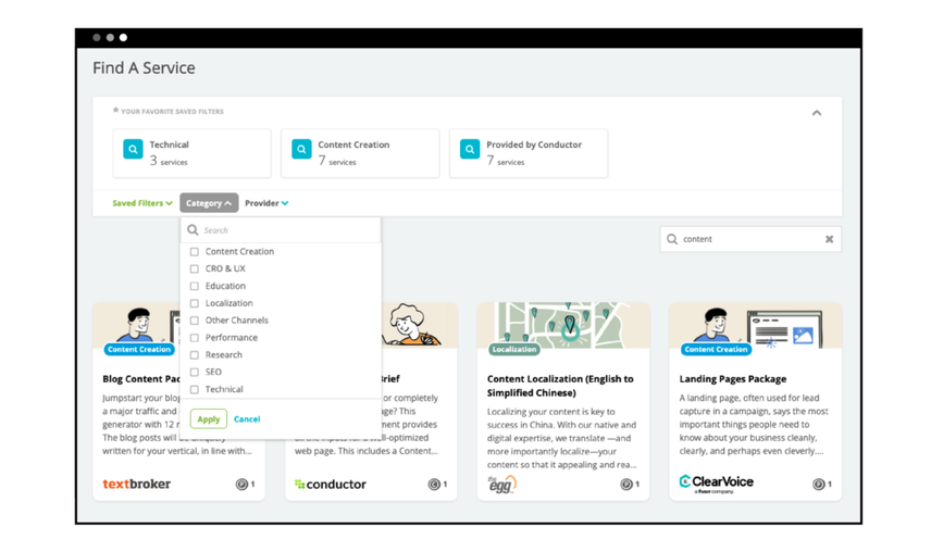 Conductor platform view of the ability to search and filter on-demand SEO services