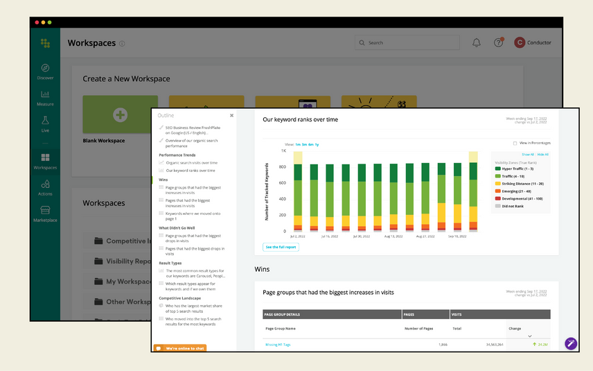 An example of a performance report in the workplace section of Conductor