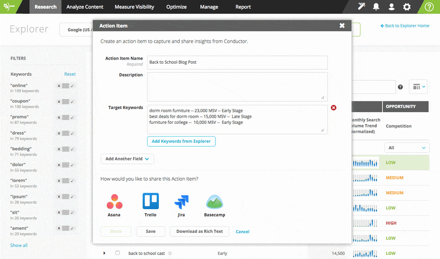 Conductor Actions integrates your keyword research directly into your content workflow