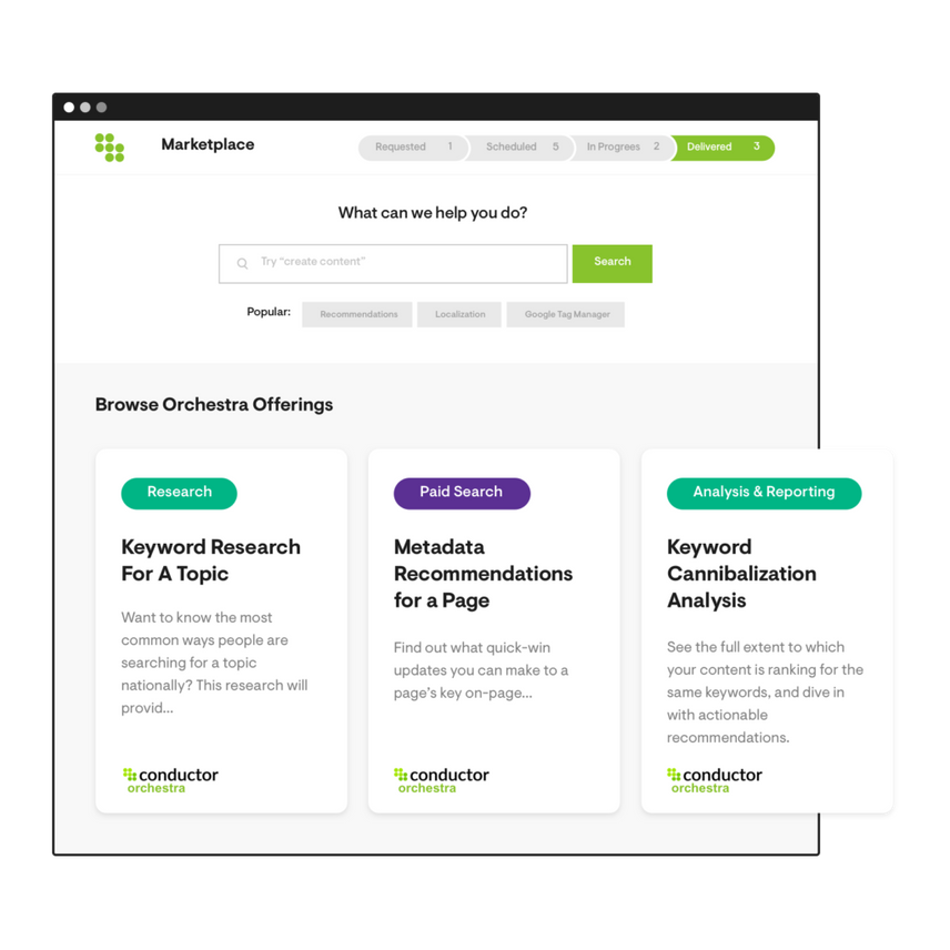 Conductor's Marketplace offering in its SEO Platform featuring various easy-to-find support for improving your SEO and digital marketing performance