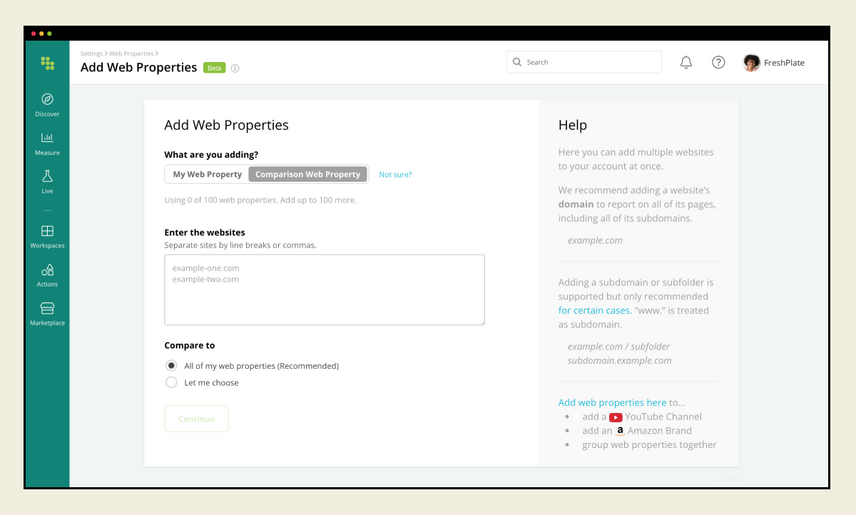 Conductor’s Web Properties Settings screen allows users to add owned or comparison web properties by pasting websites in the provided field. A “Help” panel on the right-hand side explains best practices when adding web properties.