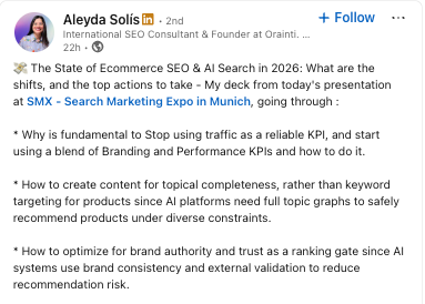Screenshot of Aleyda Solis' LinkedIn post