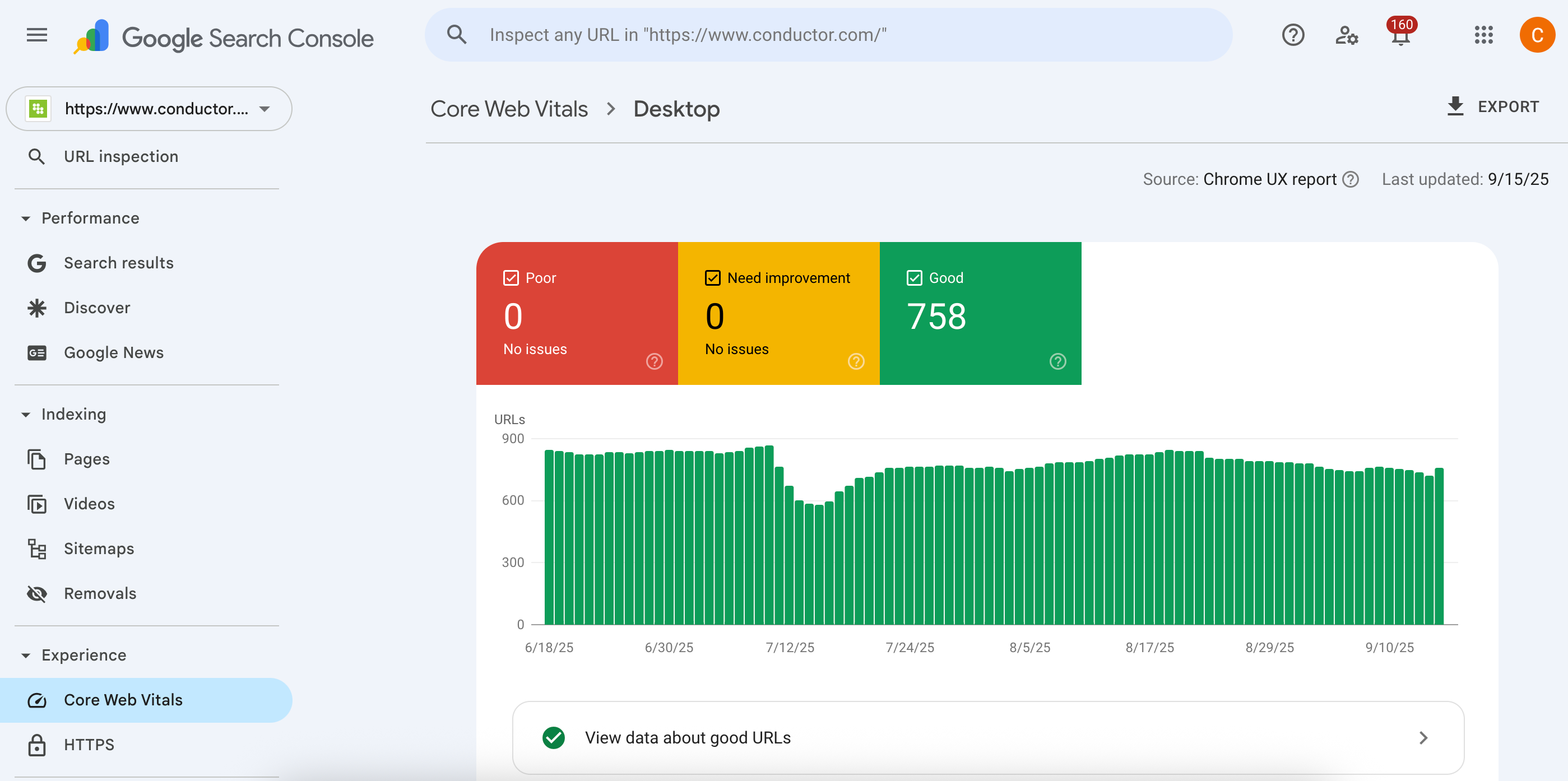 Screenshot of Google Search Console's core web vitals assessment