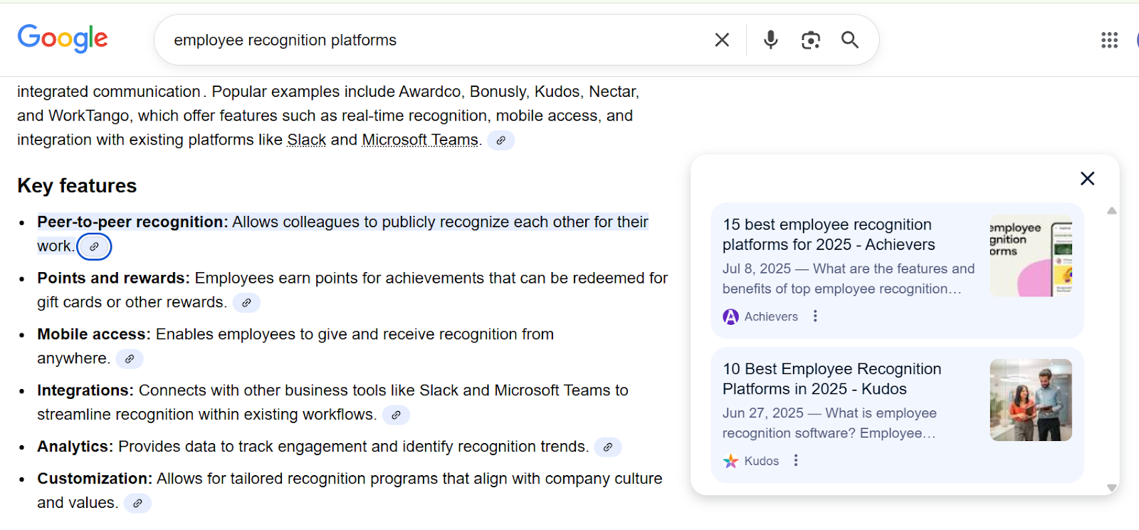 Achievers cited in Google's AI Overview