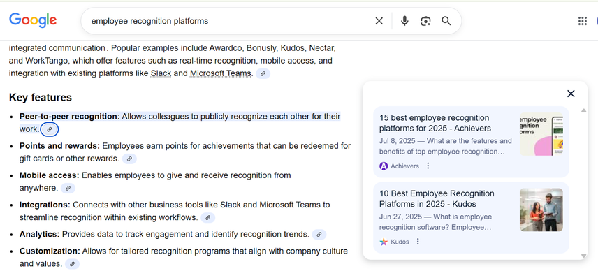 Achievers cited in Google's AI Overview