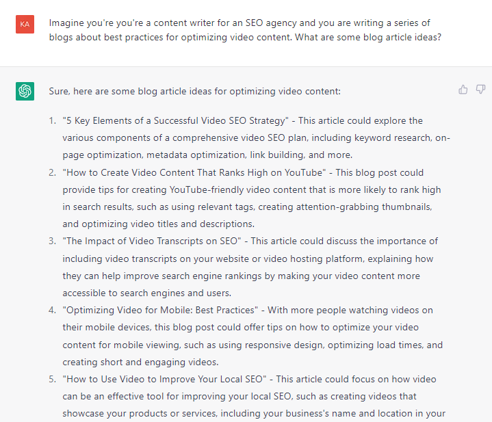 ChatGPT generated answers for blogs about SEO strategy for video