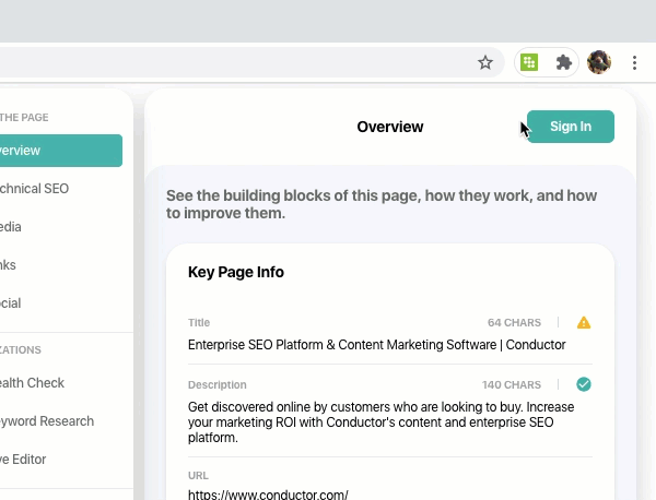 Animation showing how to sign into conductor by clicking on "Sign in" in the Conductor for Google Chrome extension.