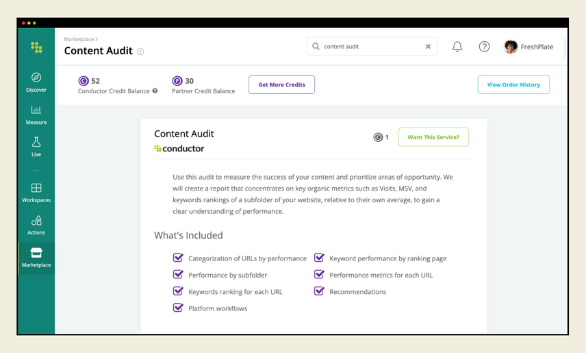 Conductor’s Content Audit service description page showing a brief summary of the audit’s value and check list of work received.