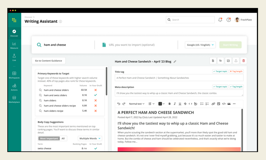 A screenshot of the new Writing Assistance content intelligence tool that provides real-time SEO recommendations and quality improvements to content in the enterprise SEO platform, Conductor.