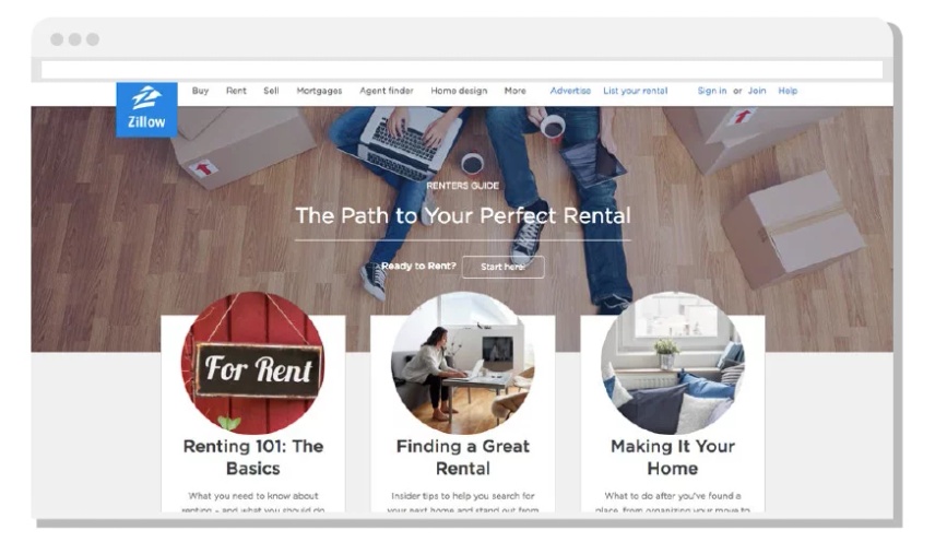 Zillow Home Page showing examples of real estate content topics and blogs they have created to increase search visibility.
