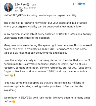 Lily Ray's LinkedIn post screenshot