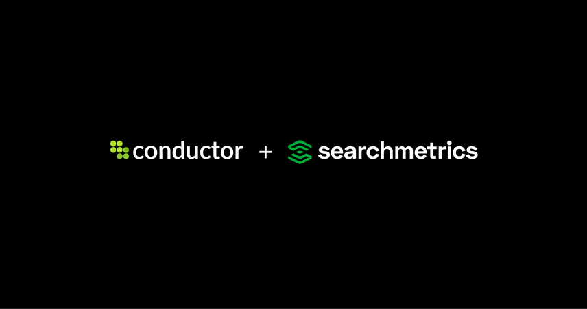 Conductor’s logo and Searchmetrics’ logo are joined by a plus sign, in front of a black background. 
