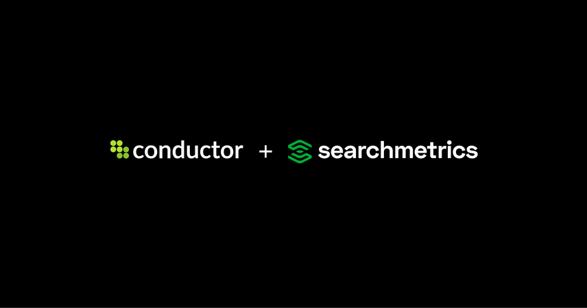 Conductor’s logo and Searchmetrics’ logo are joined by a plus sign, in front of a black background.