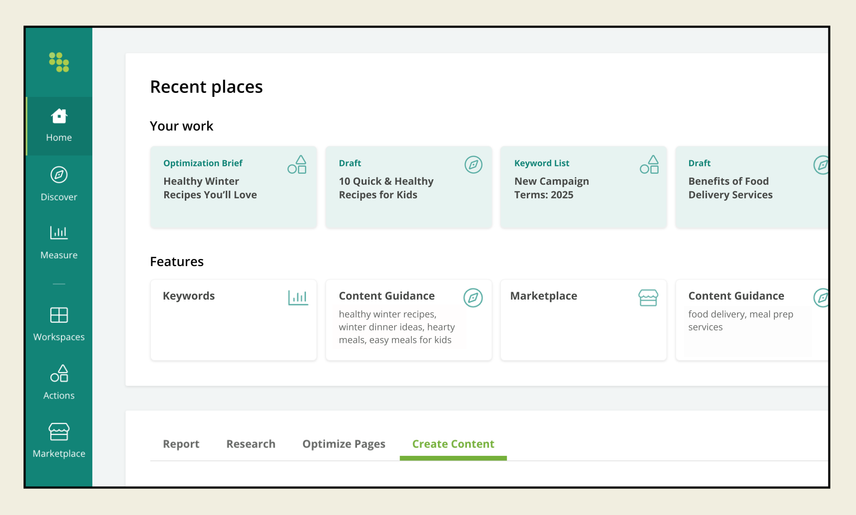 The Recent Places module on Conductor's home screen. Two rows of hyperlinks appear within the module, allowing users to navigate to recent projects or features.
