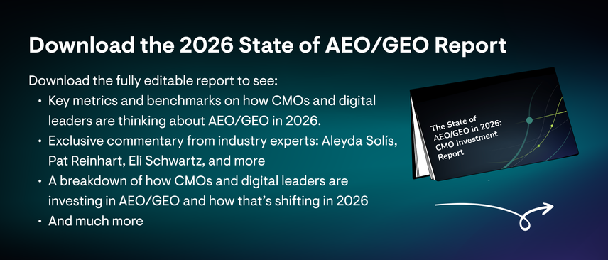 A banner ad driving readers to download the full 2026 State of AEO/GEO Report for exclusive metrics, benchmarks, and commentary on AEO/GEO in 2026.