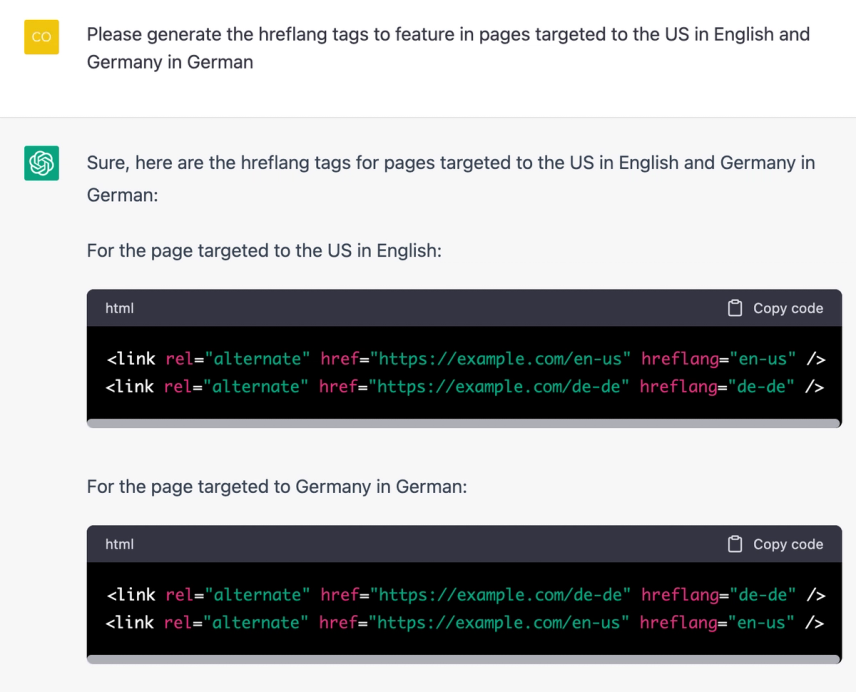 Screenshot of ChatGPT creating hreflang texts based on language and country.