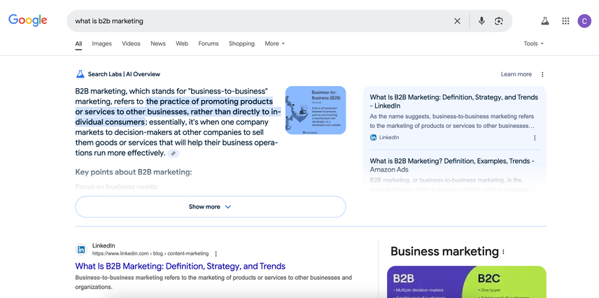 Screenshot eines AI Overview Ergebnisses für B2B-Marketing.
