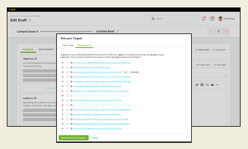 Conductor Intelligence platform's Writing Assistant feature showing its competitor page selection module