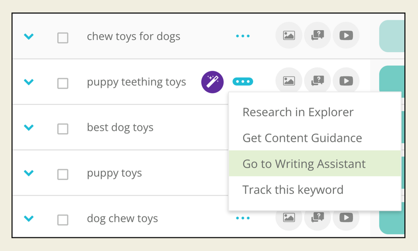 A table of keywords is in the background with one keyword, "puppy teething toys" highlighted. In the foreground, a pop-up menu offers four actions to take including a prompt to "Go to Writing Assistant."