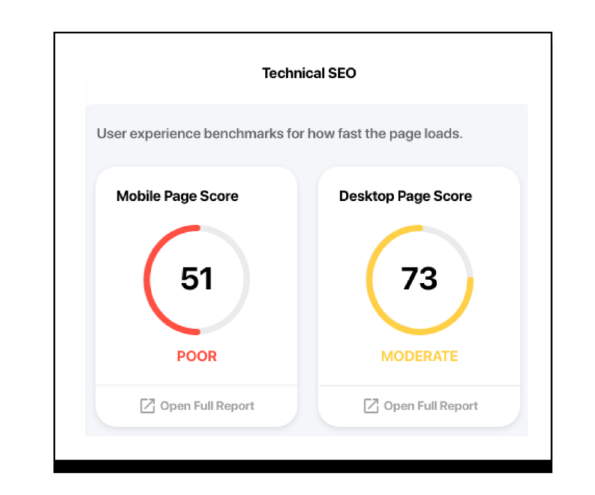 PageSpeed Insights report showing Mobile Page Score and Desktop Page Score.