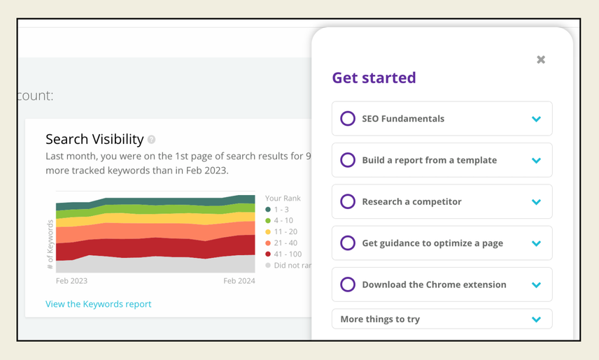 A panel appears over the Conductor home screen, listing several goals customers can get workflow guidance around. Options include "SEO Fundamentals", "Build a report from a template", "Research a competitor", and more.