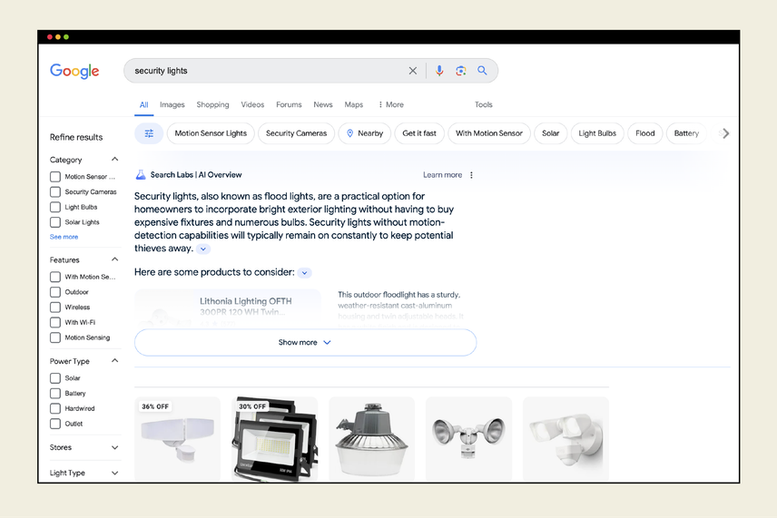 Google SERP for 'security lights.'