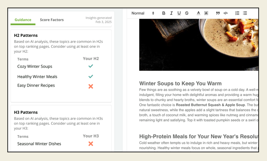 In Writing Assistant, a panel on the left shows guidance for what concepts to cover in the header tags. On the right, the text editor interface includes an in-progress draft on winter recipes.