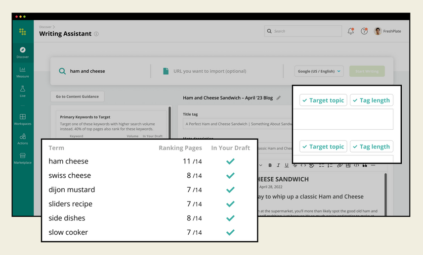 Screenshot showing the validation green checks provided when drafted content includes core quality and optimization requirements in Conductor's Writing Assistant.