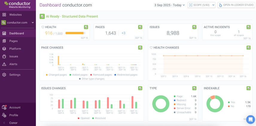 A dashboard in Conductor Monitoring that shows pages where Schema is present.