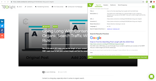 SEO Chrome Extension being used on a blog page