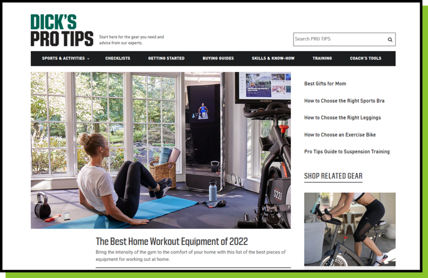 Dick's Sporting Goods homepage showing helpful content such as The Best Home Workout Equipment of 2022.
